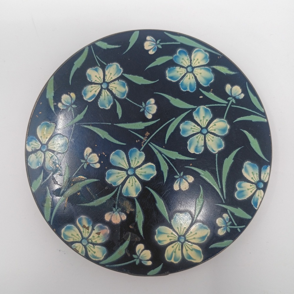 Vintage Zell Makeup Face Powder Compact Blue White Flower Floral Mirror Puffs J1